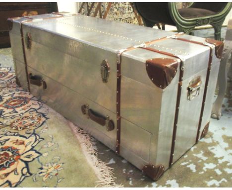LOW TRUNK, Aviator style with a rising top enclosing storage space and carrying handles over a single narrow drawer, 120cm x 