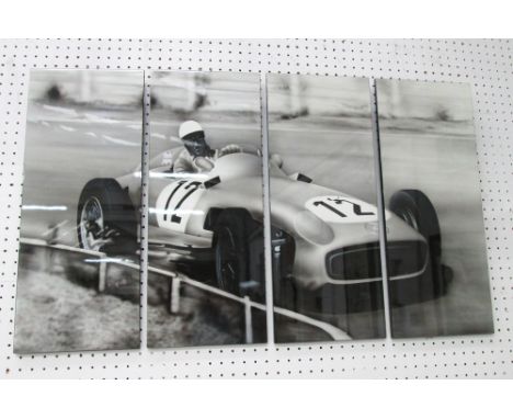 LACQUERED PANEL, set of four, of Sterling Moss in a racing car, 80cm (4 x 20cm) x 40cm H. (4)