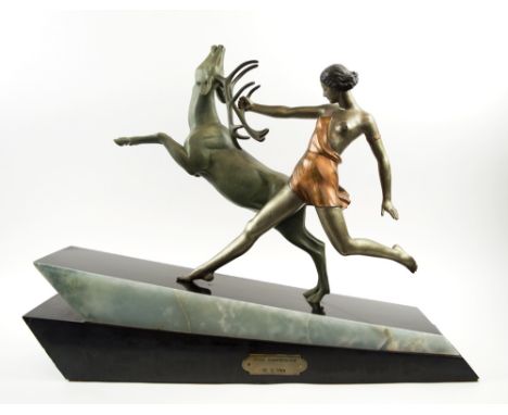 'DIANA CHASSERESSE', early 20th century French sculpture, on wedge shaped black and light green onyx base inscribed 'D. Vina'