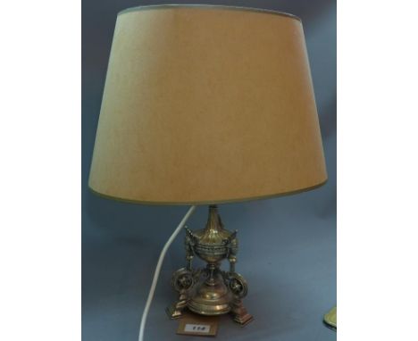 A Regency silver plated lamp base, converted later to electricity, with shade. H.48cm 