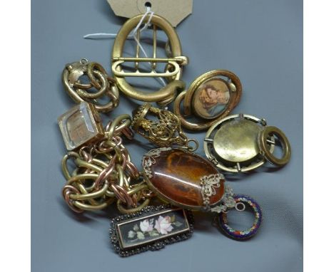 Three pinchback brooches, to include a memento mori brooch, together with a chain link bracelet with watch pendant, a pair of