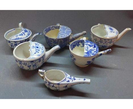 A blue and white porcelain feeding cup, possibly Swansea, together a blue and white Copeland porcelain feeding cup with flora