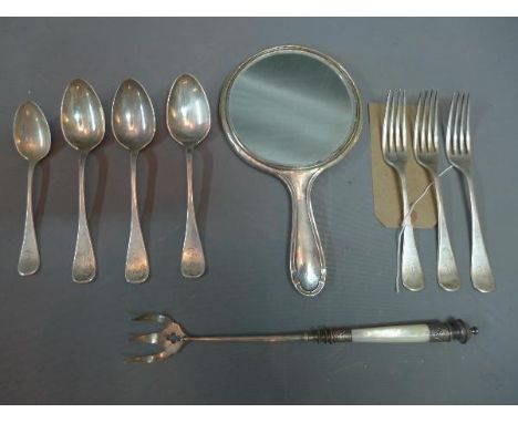 A collection of silver, to include three Tiffany silver spoons together with three matching forks and matching teaspoon, a si