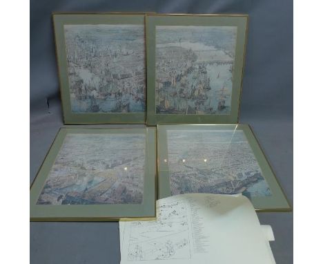 A set of four prints of London, 'The Rhinebeck Panorama', scenes of London during 1810, together with descriptive maps. 48cm 
