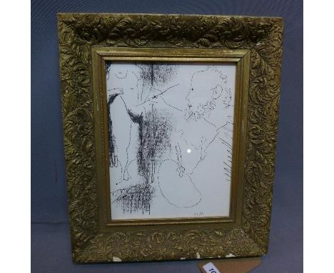 After Pablo Picasso, 'Artist and Model', lithograph, printed by Andre Sauret, ref: Cramer 125, in floral gilt frame, 28 x 22c