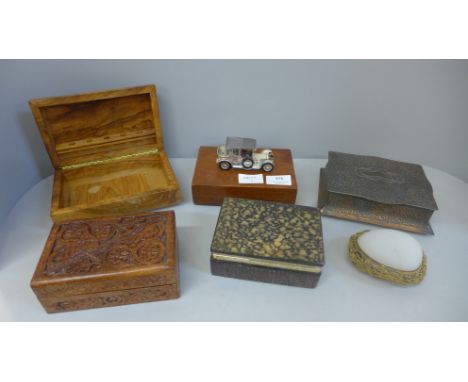 Four boxes, a tin and a birds egg/nest trinket box 