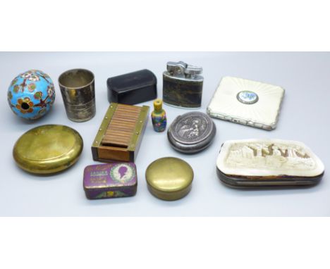 A guilloche enamel Stratton compact, pill boxes, a mother of pearl purse, etc. 
