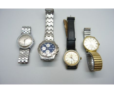 Four wristwatches, Roamer 17 Jewels Supershock with engraved back, Pulsar chronograph, Accurist and Timex 