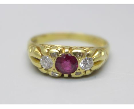 An 18ct gold, ruby and diamond ring, 5g, O 