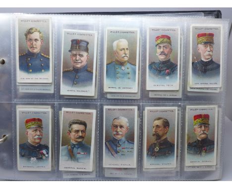 Cigarette cards; an album of military themed cigarette and trade cards, (11) complete sets including Wills Allied Army Leader