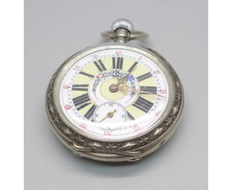 A decorative enamel faced pocket watch with horse detail on the case back 