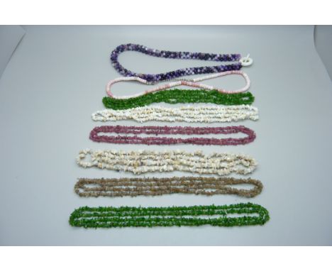 Eight semi-precious stone necklaces with stones; purple agate 208ct, Australian opal, 116ct, pink tourmaline, 80ct, diopside 