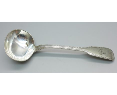 A silver 'fiddle and thread' ladle, crested and hallmarked London 1847, 84g 