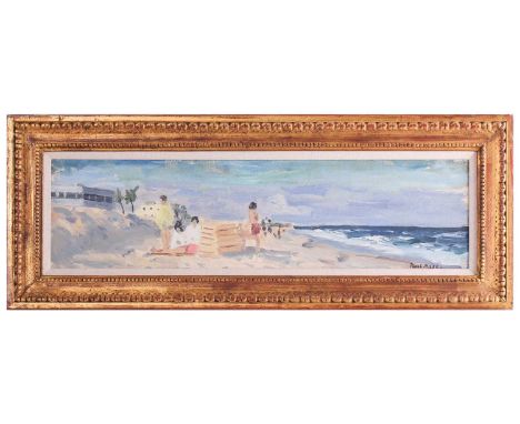 Paul Lucien Maze (1887 - 1979), French, Children on a beach (1954), Fishers Island USA, signed, oil on board, 15.5 x 60 cm, f