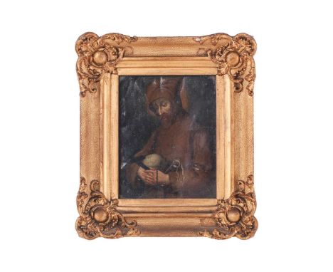 Follower of Luis De Morales (1509/10 - 1586) Spanish, Monk holding a skull, crucifix, rossary and whip, oil on copper, inscri
