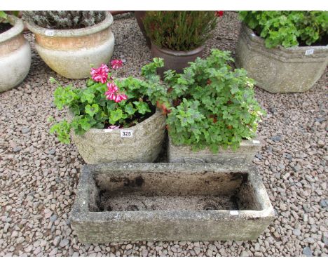 Stone trough and 2 stone planters with contents