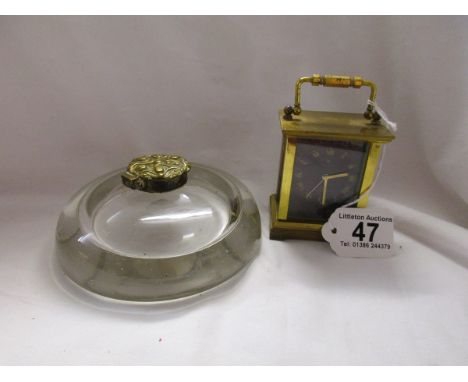 Old glass inkwell and small carriage clock