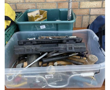 Two boxes of tools including hammers, shower pump etc