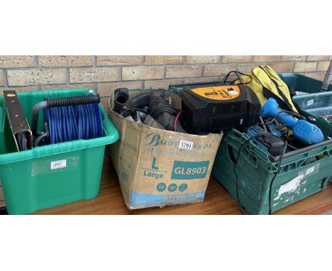 Three boxes of hand tools, drill chargers etc
