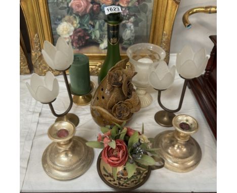 A Napoleon Otard Cognac bottle, silver plated candlesticks etc