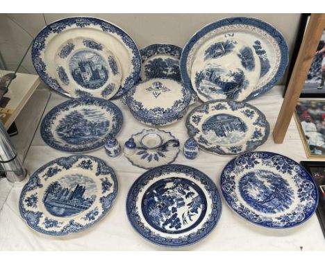 A quantity of blue &amp; white pattern plates etc including ironstone chamber candlestick etc