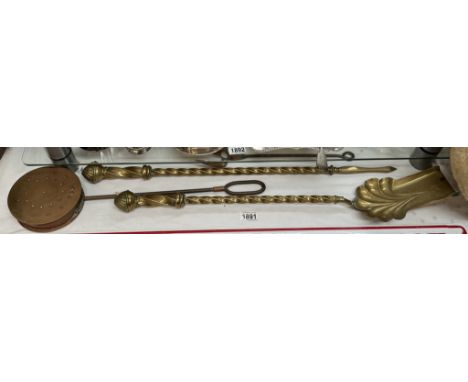 A pair of Victorian brass fire irons, a copper chestnut roaster &amp; toasting fork
