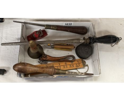 An Eastern bronze lidded pot &amp; a quantity of miscellaneous old tools including a knife, sharpener etc