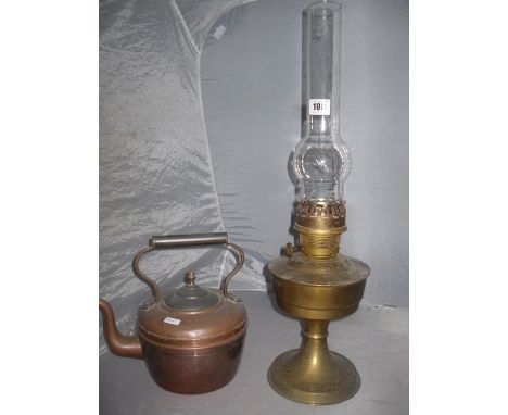 BRASS OIL LAMP & COPPER KETTLE