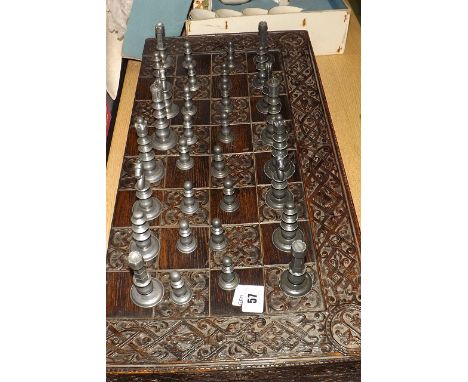 PEWTER CHESS/BACKGAMMON  SETIN CARVED BOX