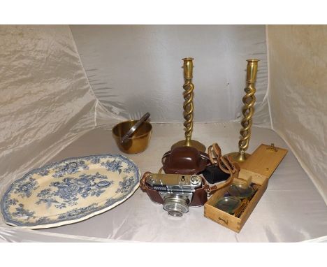 MIXED LOT  INC KODAK CAMERA, POSTAL SCALES , BRASS CANDLESTICKS,