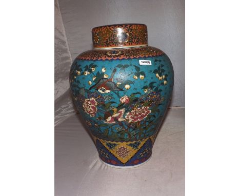 JAPANESE TOTAI LARGE GINGER JAR 13" HIGH  (CLOISONNE ON CERAMIC)