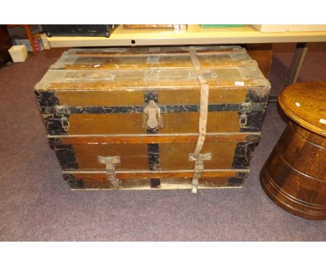 LARGE STEAMER TRUNK OAK BANDED LEATHER STRAP