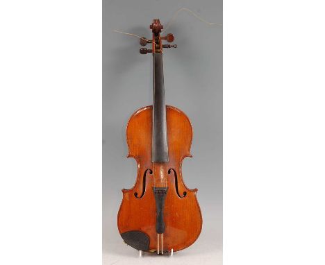 A late 19th/early 20th century violin, having a one piece maple back with ebony fingerboard and rosewood pegs, 36cm (excludin