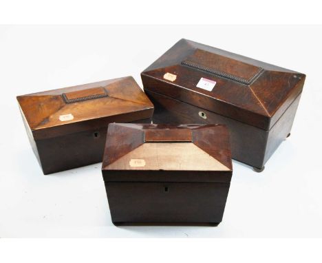 A Regency rosewood tea caddy of sarcophagus form, the hinged lid lifting to reveal twin compartments and a matched mixing bow