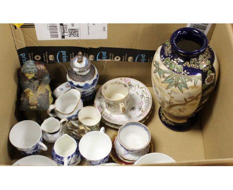 One box of mixed china ware to include Chinese influence vase. 19th century cups and saucers, Chinese vase and cover (a/f) et