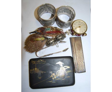 A small collection of miscellaneous items, to include a Japanese Komai style pocket cigarette case, two bird feather brooches