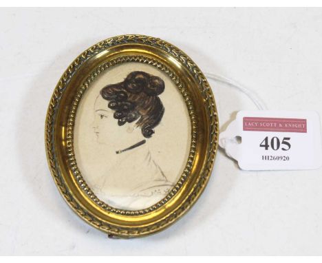 English school, 19th century, Profile portrait of a lady, pencil and watercolour within gilt frame, max. dimensions 9.5 x 7.5