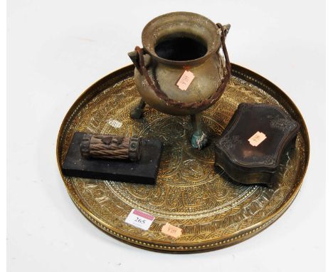 Sundry brasswares, to include a cauldron, Eastern tray, plated ring box etc 