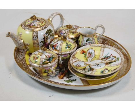 An Augustus Rex porcelain miniature cabaret set, comprising tea-for-two service on oval tray, all panel decorated and heighte