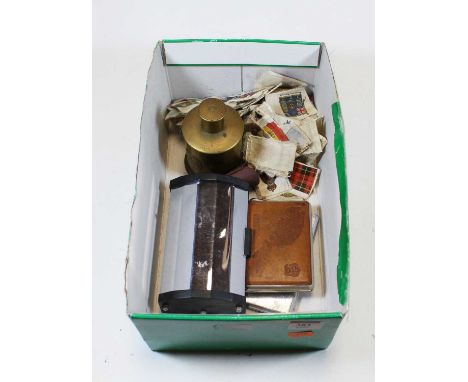 A box of miscellaneous items, to include early 20th century brass table cigarette lighter, Art Deco style chrome cigarette bo