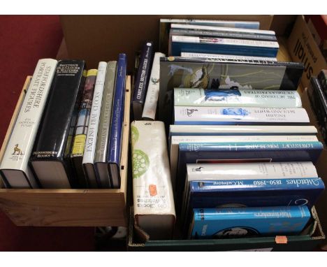 Two boxes of mixed hardback books mainly on antiques to include Staffordshire Portrait Figure, Dial Clocks, Lowestoft Pot Lid