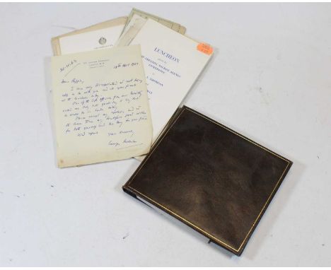 A leather clad autograph album, the contents mainly relating to Mr R R May; together with various luncheon menus for his reti