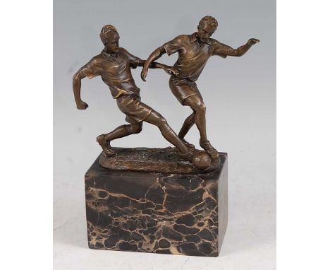 A contemporary bronze study of two association football players contesting for the ball, mid-bronze patina, signed Milo to th