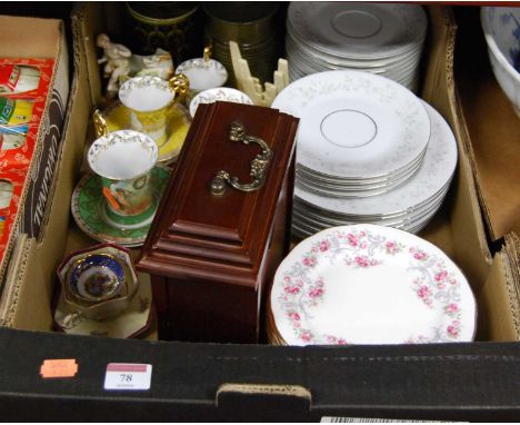 A box of mixed ceramics to include Vienna porcelain and coffee cans &amp; saucers, and a reproduction quartz mantel clock
