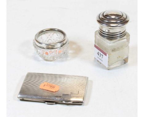 An Art Deco silver pocket cigarette case having engine turned decoration and vacant cartouche together with a silver topped c