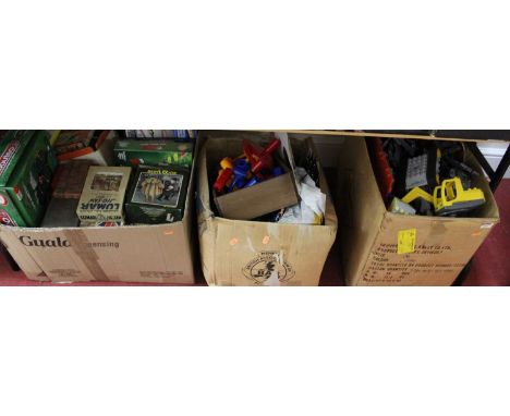 Three  boxes of miscellaneous toys and games, to include Beryl Cook My Fur Coat jigsaw, Subbuteo etc 