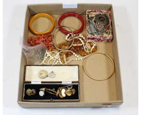 A collection of miscellaneous costume and other jewellery to include gold plated bangle, gents cufflinks, turquoise set brooc