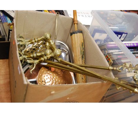A box of miscellaneous items, to include copper chestnut-roaster, brass fire tools, brass fire-dogs etc 