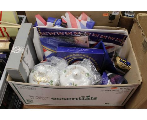 One box of mixed sundries to include royal memorabilia, Hernie mantel clock, and a pair of Royal Worcester pots and lids, etc
