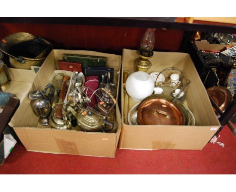 Two boxes, to include plated wares, cased and loose flatwares, brass oil lamp, copper warming pan etc 